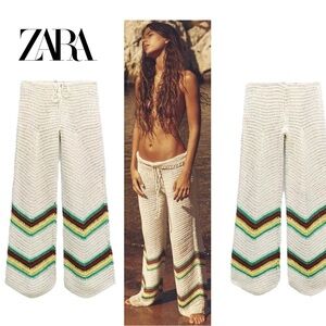 Zara crochet knit Rasta pants drawstring beach coverup Sz M NWOT summer vacation